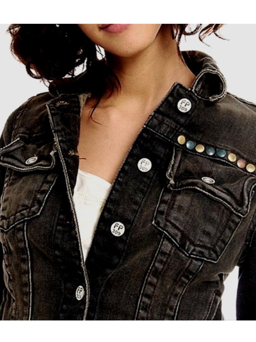 FREE PEOPLE DENIM HEART STUDDED JACKET SZ XS - Picture 3 of 8